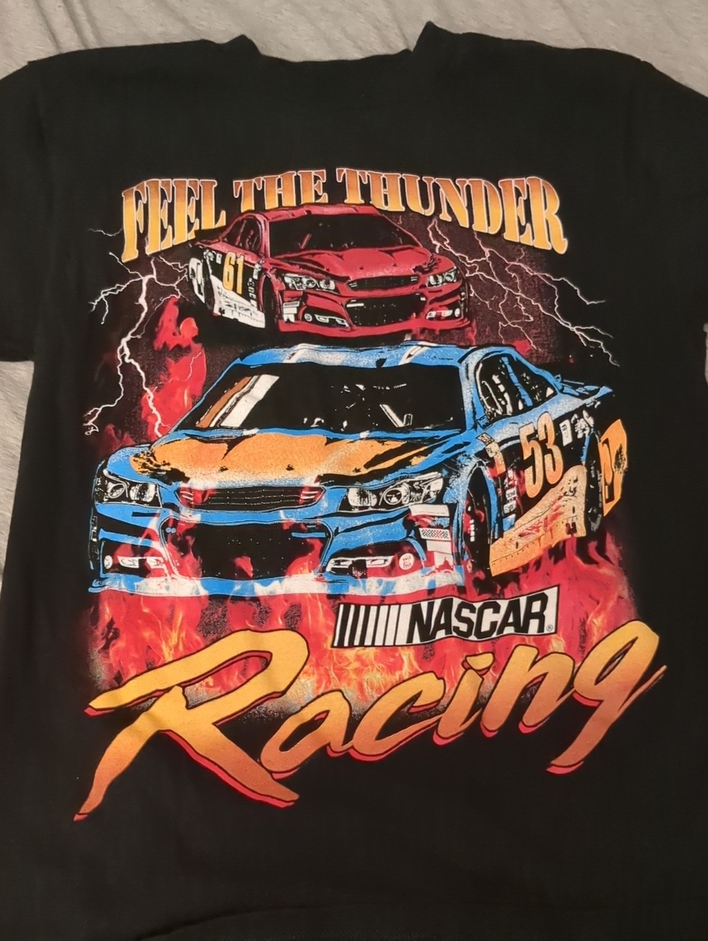 Nascar Black Tee with Blue and Orange Racing Car Graphics